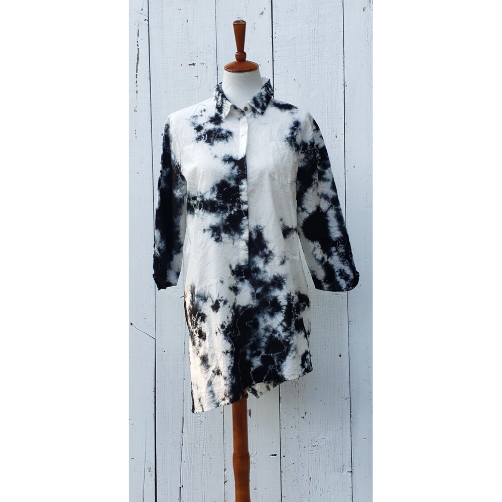 XCVI Women White Tie Dye Collared Half Button 3/4 Sleeve Cotton Blend Tunic Sz S